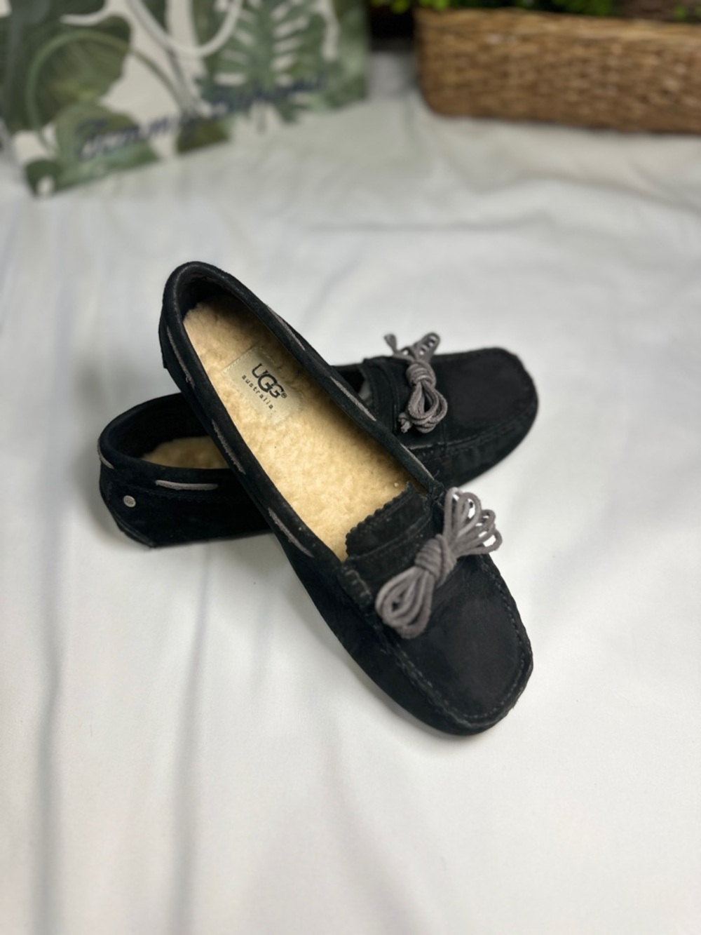 UGG Women's Black Suede Moccasins with Gray Bow